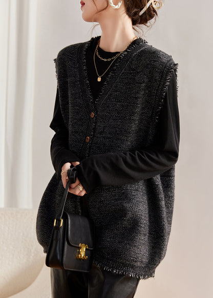Coffee Tasseled Knit Vest and Cotton Top Two Pieces Set Winter