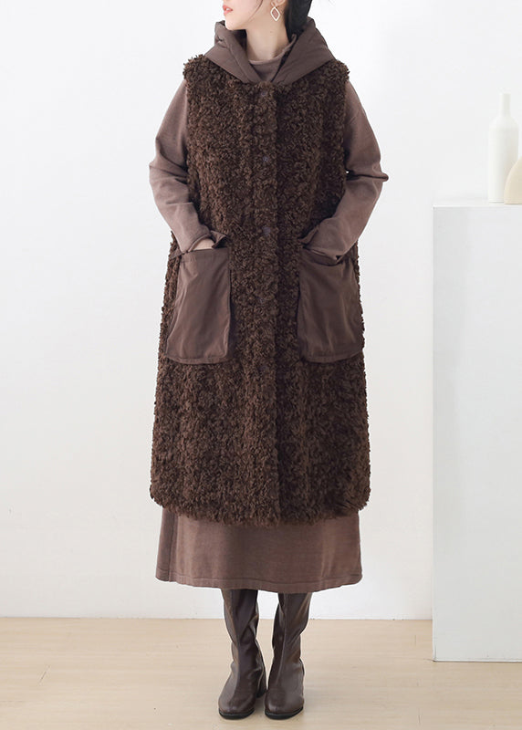 Chocolate Colour Button Woolen Hooded Waistcoat Sleeveless