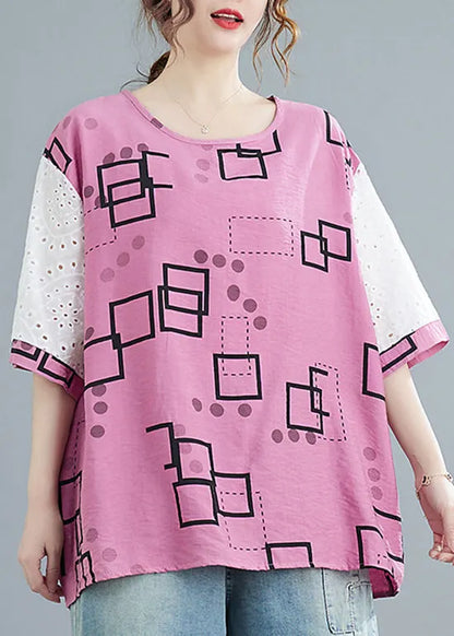 Modern Pink O-neck Hollow Out Print Patchwork Tank Tops Short Sleeve