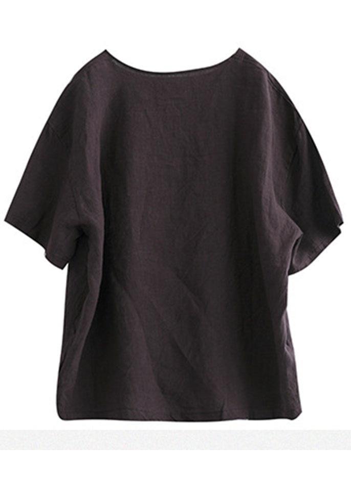 Loose Chocolate O-neck Graphic Linen T-shirt Half Sleeve