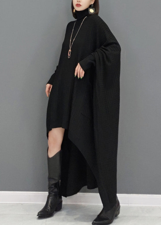 Black Patchwork Knit Sweater Dress Hign Neck Fall