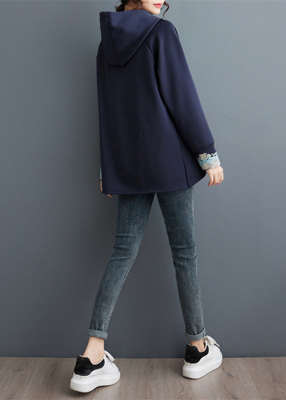 Navy Embroideried Patchwork Cotton Sweatshirt Tops Spring