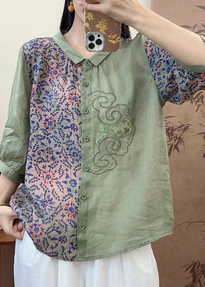 Natural Pink O-neck Embroidered Patchwork Print Linen Top Spring
