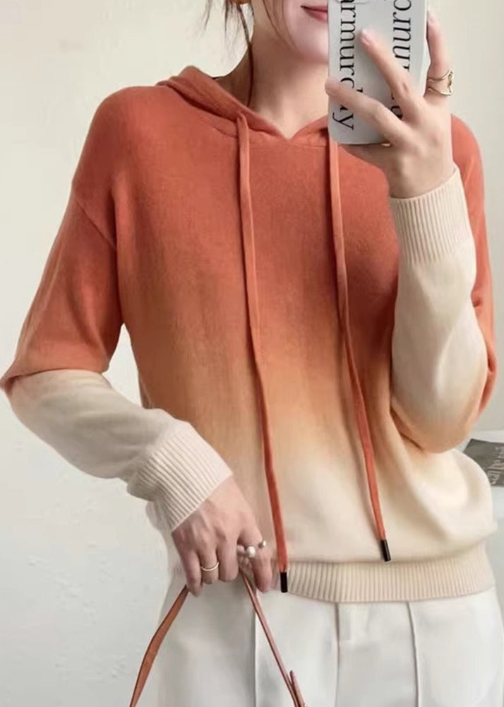 New Coffee Gradient Color Hooded Patchwork Wool Knit Sweaters Fall