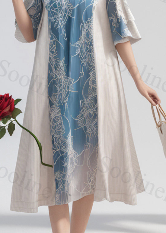 Colorblock O Neck Print Silk Long Dress Summer