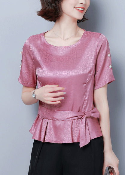 Pink O-neck Cinched Silk Shirt Summer