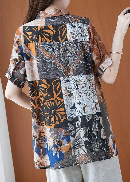 Print Peter Pan Collar Button Cotton Linen Top Summer