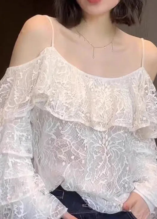 Stylish White Ruffled Lace Spaghetti Strap Top Summer