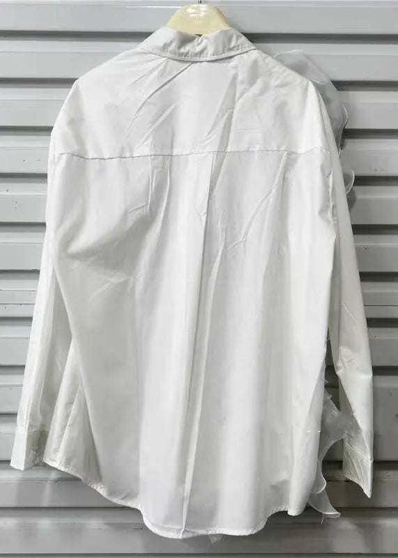 Loose Black Ruffled Button Patchwork Cotton Shirt Spring