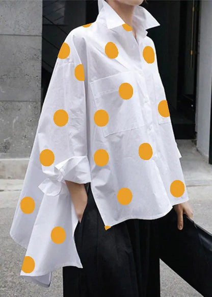 Natural Yellow Flower Peter Pan Collar Low High Design Button Pockets Cotton Shirts Long Sleeve Fall