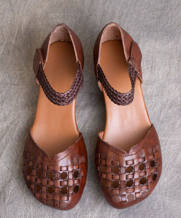 Buckle Strap Hollow Out Splicing Chunky Heel Brown Cowhide Leather
