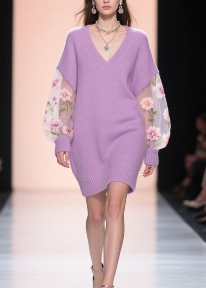 Loose Purple V Neck Tulle Patchwork Knit Mid Dress Fall