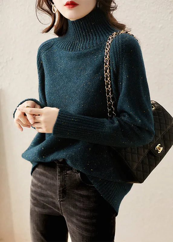 French Peacock Green Hign Neck Thick Woolen Knit Pullover Fall