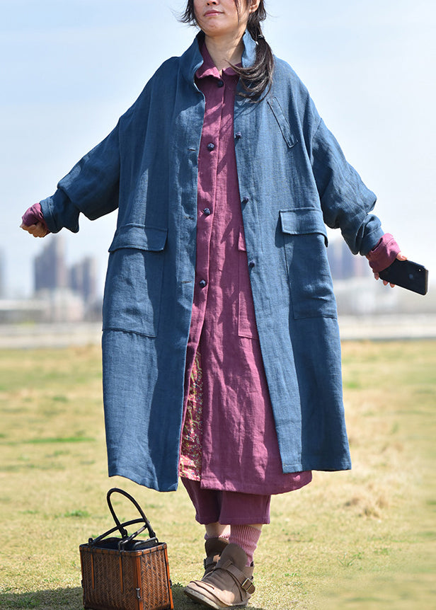 Black Stand Collar Pockets Linen Coat Fall
