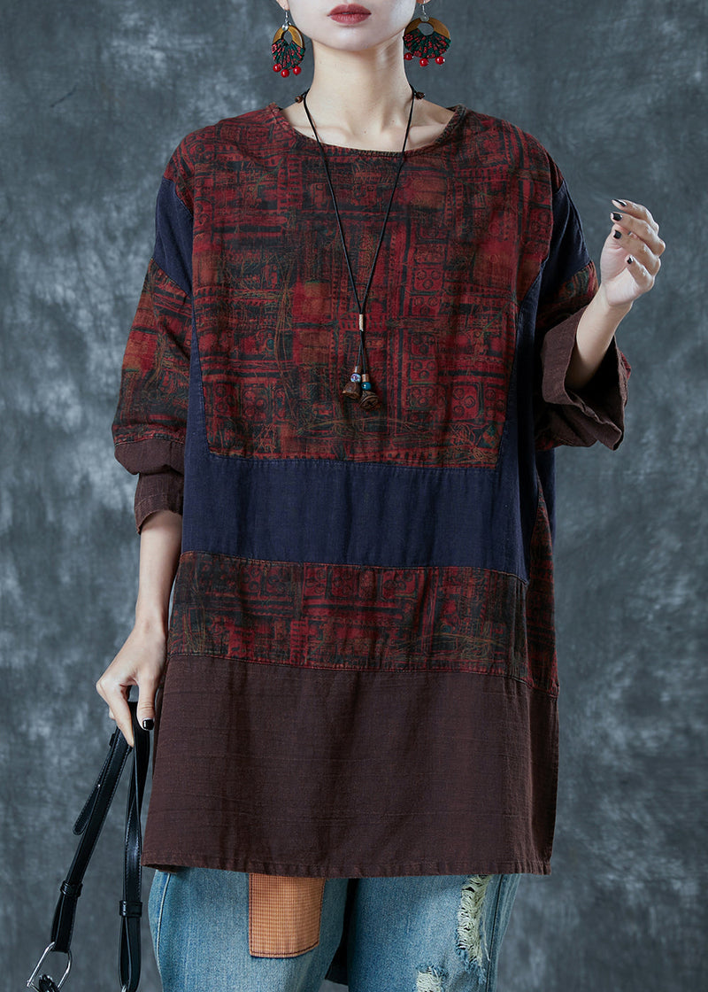 Colorblock Oversized Patchwork Linen Blouses Fall