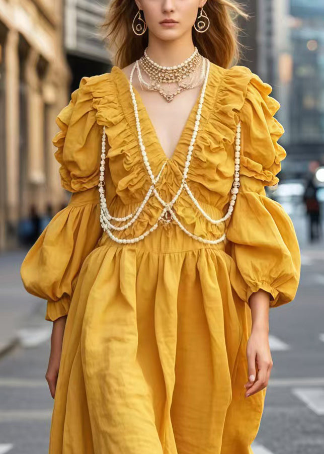 Diy Yellow V Neck Wrinkled Nail Bead Vacation Dresses Spring