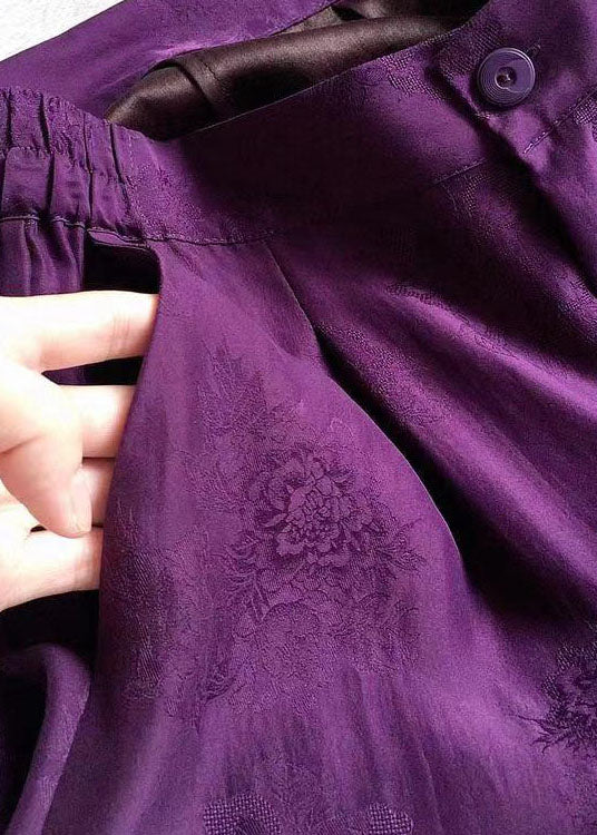 Purple Elastic Waist Pockets Jacquard Silk Wide Leg Pants Summer