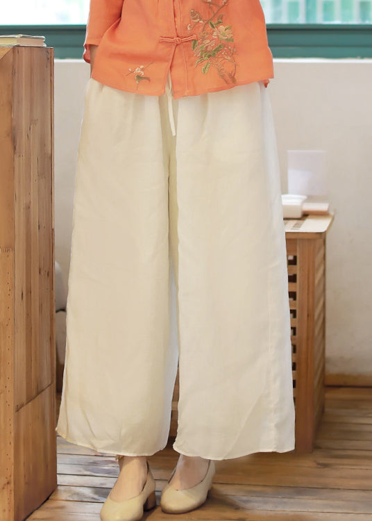 White Elastic Waist Drawstring Pockets Linen Wide Leg Pants Spring