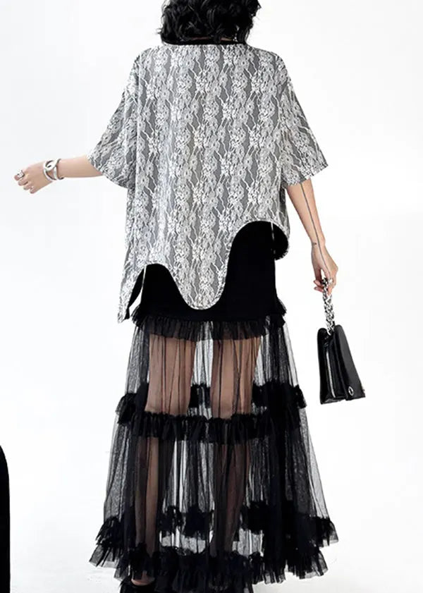 French O Neck Asymmetrical Design Lace T Shirt Tops Summer
