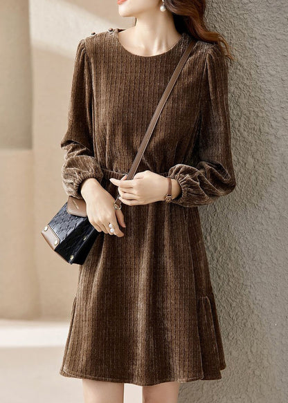 Coffee O Neck Sashes Patchwork Silk Velour Mid Dress Spring