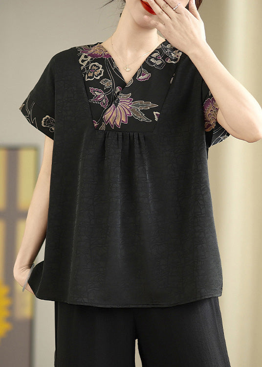 Black V Neck Patchwork Silk Shirt Tops Summer