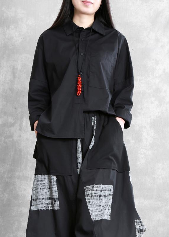 Black Peter Pan Collar Button Cotton Shirt Summer