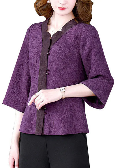 Purple V Neck Jacquard Patchwork Silk Shirts Bracelet Sleeve