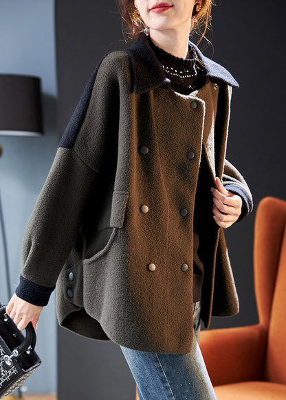 Army Green Double Breast Pockets Patchwork Woolen Coat Spring