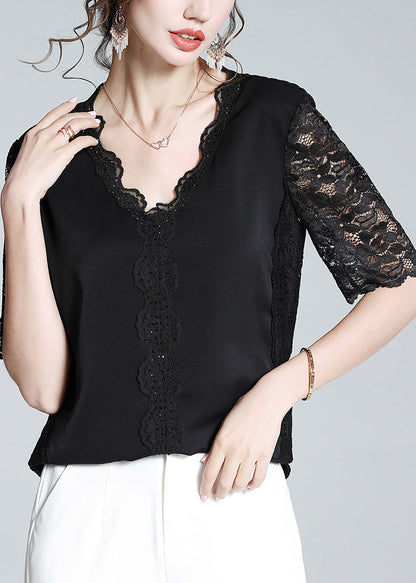 Black V Neck Lace Patchwork Top Short Sleeve Summer