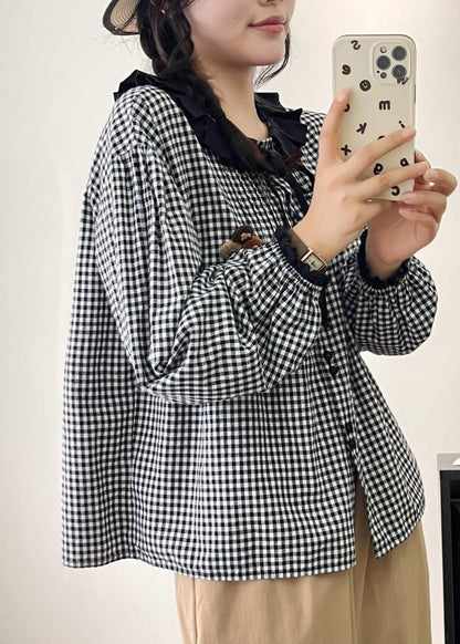 Grey Peter Pan Collar Plaid Linen Shirts Spring