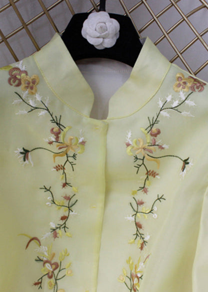 Simple Yellow Stand Collar Embroideried Chiffon Coat Long Sleeve