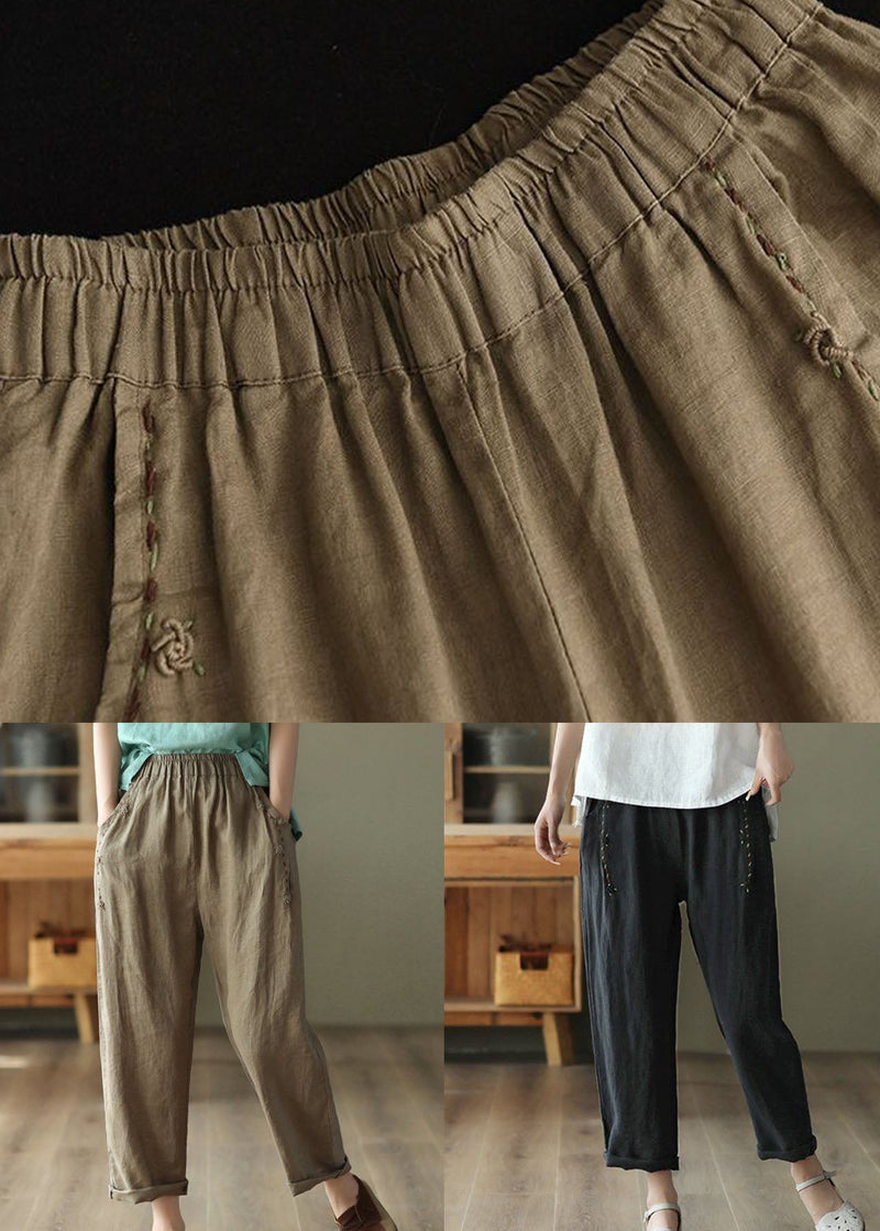 Black Pocketspatchwork Linen Pants Summer