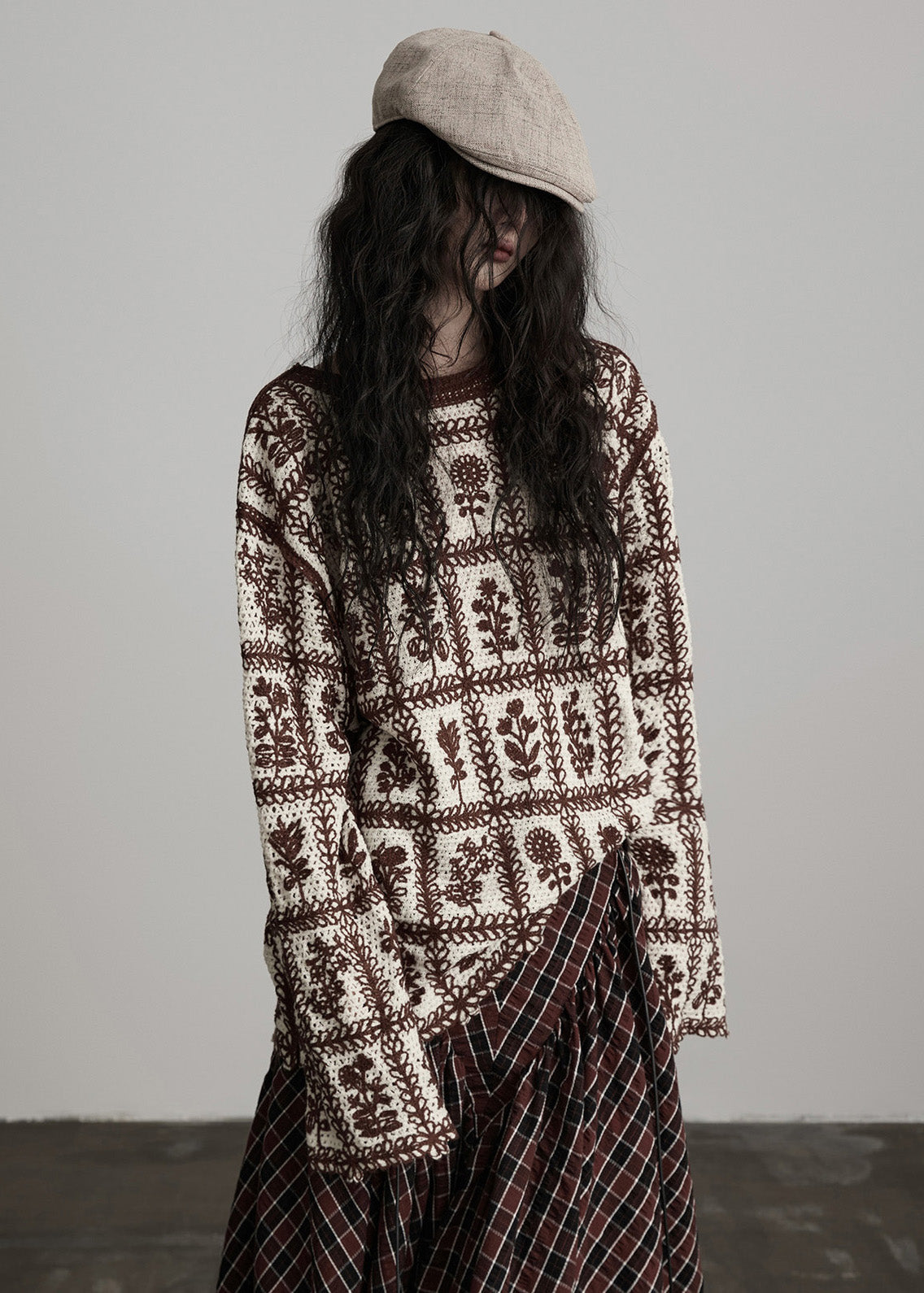 Coffee O Neck Jacquard Knit Sweater Winter