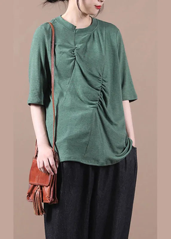 Green Wrinkled Knit Blouses Half Sleeve