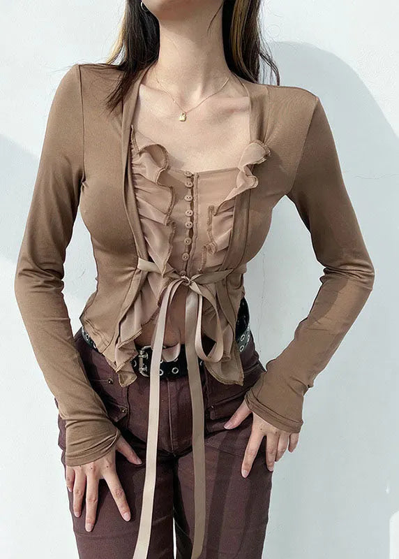 Slim Fit Khaki Tie Waist Ruffled Patchwork Top Long Sleeve