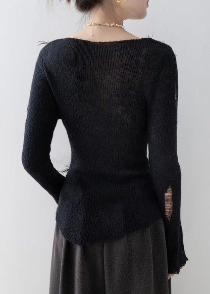 Black O Neck Tassel Knit Top Spring
