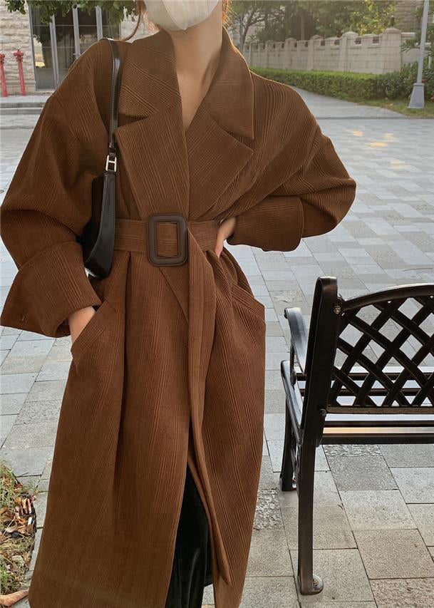 Brown Notched Pockets Sashes Trench Coat Spring