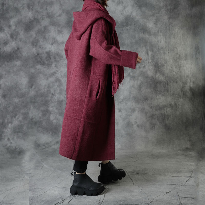 Mulberry Loose Pockets Fall Hooded Long Sleeve Sweaters Coat