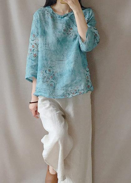 Loose O Neck Half Sleeve Shirts Blue Print Shirt