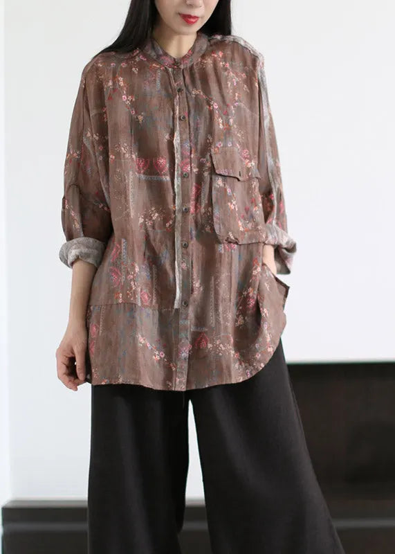 Loose Blue O-neck Print Button Pockets Linen Tops Long Sleeve