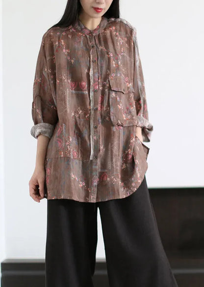 Loose Blue O-neck Print Button Pockets Linen Tops Long Sleeve