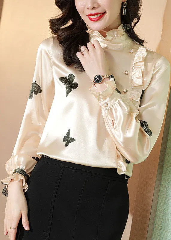 Classy Apricot Stand Collar Button Ruffled Print Silk Top Spring