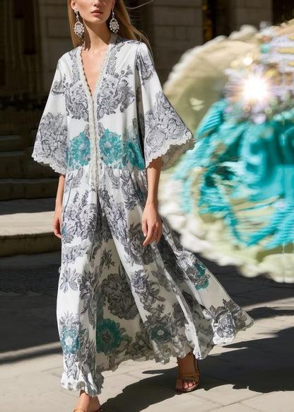 Fitted Grey Oversized Print Silk Robe Dresses Flare Sleeve Summer