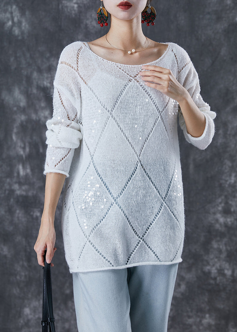White Sequins Hollow Out Knit Sweater Fall