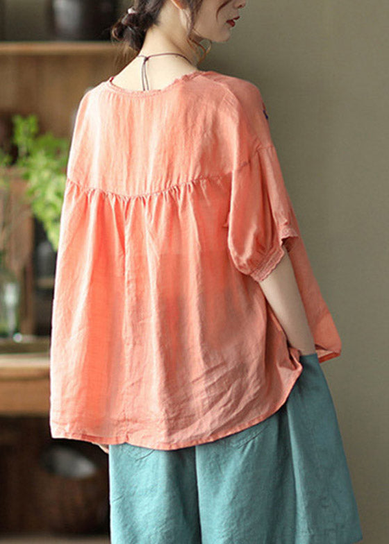 Orange O-neck Embroideried Linen Tops Half Sleeve