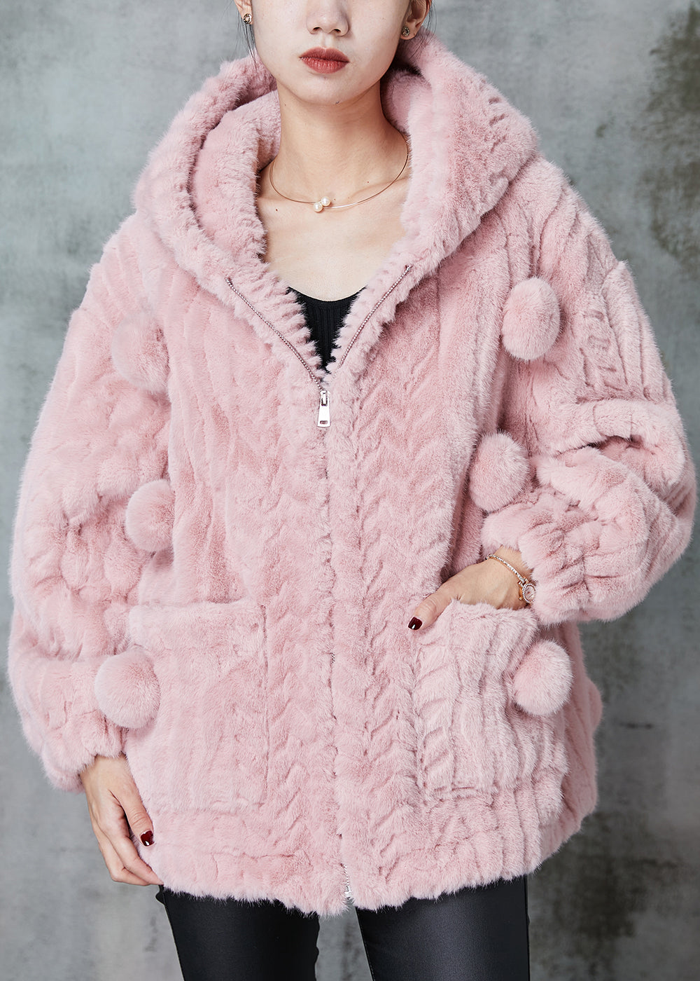 Pink Hooded Fuzzy Fur Fluffy Coat Outwear Spring
