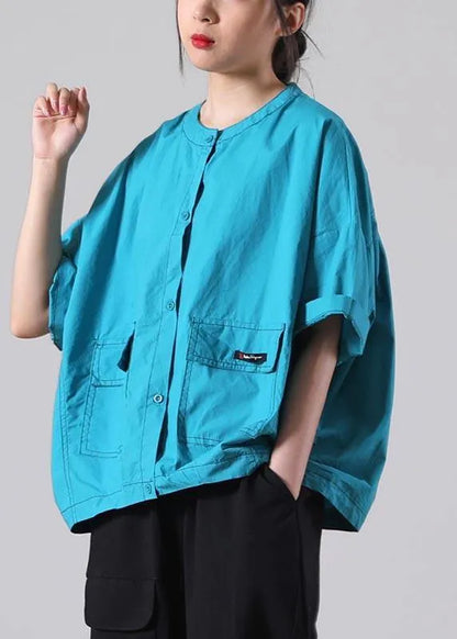 Simple Blue O-neck Cotton Shirt Tops Summer