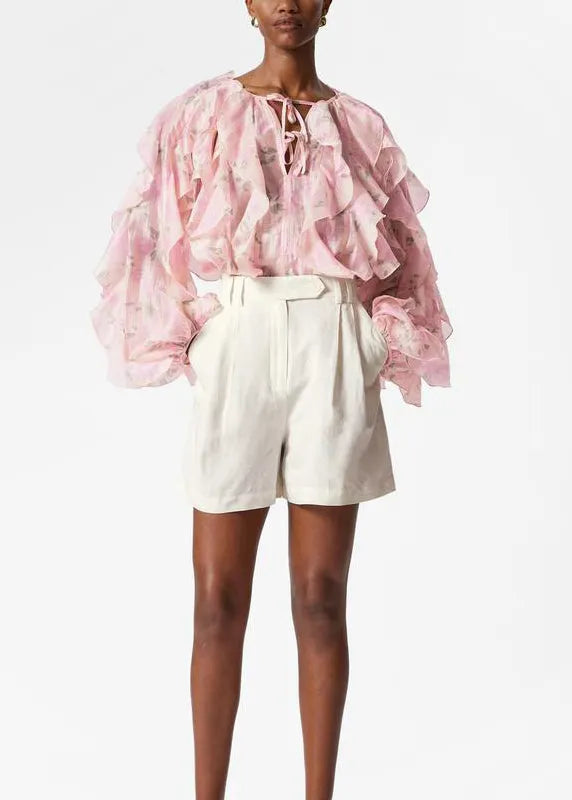 Pink Ruffled Patchwork Chiffon Shirt Tops Fall