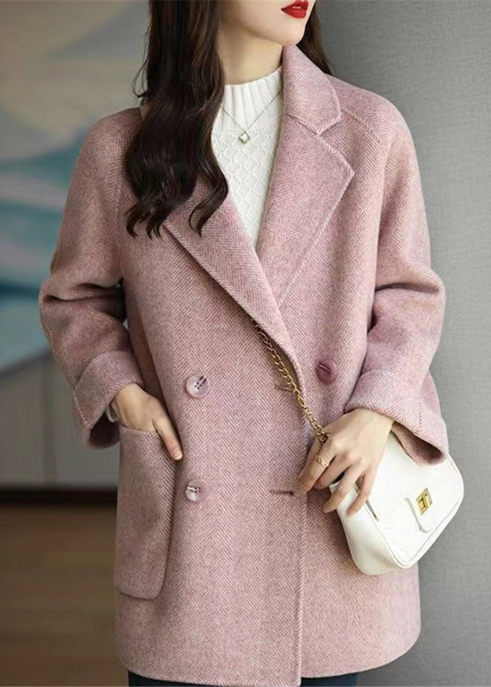 Pink Double Breast Pockets Patchwork Woolen Coats Winter