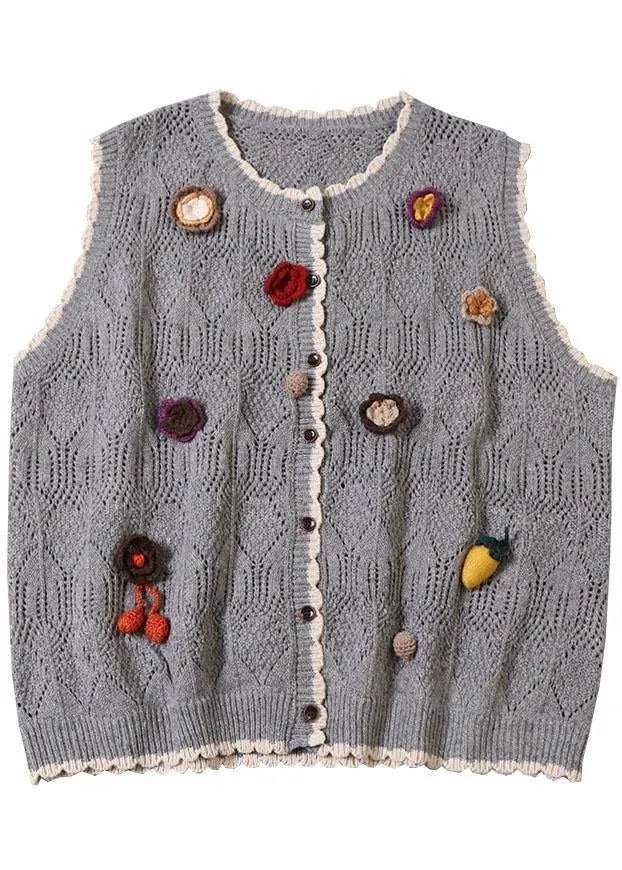 Natural Grey Hollow Out Button Fall Knit Vest